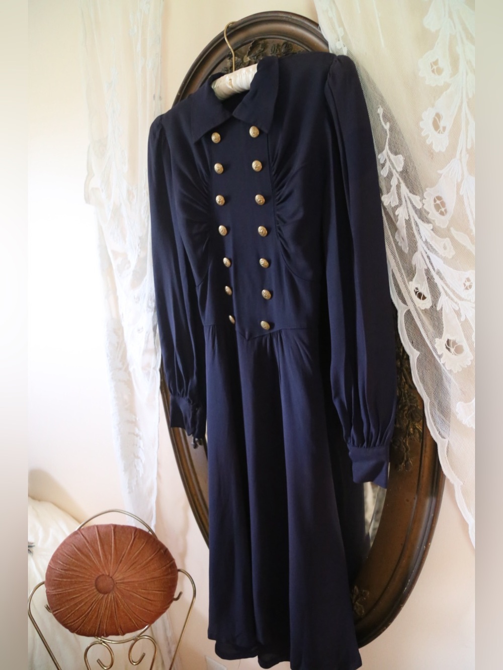 Vintage 1940s Navy Gold Button Double Breasted Collar Dress